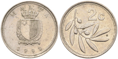 Мальта 2 цента 1991 оливковая ветвь KM 94 медно-никель 44-1054