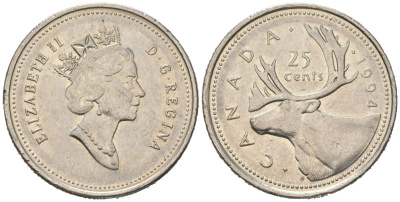 Канада 25 центов 1994 Елизавета II (1952-2022), олень KM 184 никель 4382-1226