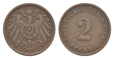 Германия 2 пфеннига 1905 J, Вильгельм II (1888-1918) KM 16, J. 11 бронза 4659-148