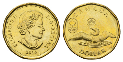 Канада 1 доллар 2014 XXII зимние Олимпийские Игры, Сочи 2014 - Лаки луни KM 1587 алюминиевая бронза UNC 108-613