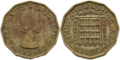 Великобритания 3 пенса 1956 Елизавета II (1952-2022) KM 900, Spink 4153 никель латунь 4153-734