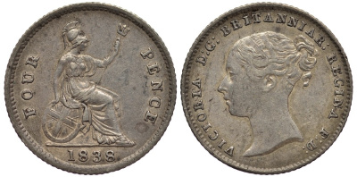 Великобритания 4 пенса 1838 Виктория (1837-1901) KM 731.1, Spink 3913 серебро 00-00