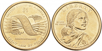 США 1 ДОЛЛАР 2010 D, СЕРИЯ КОРЕННЫЕ АМЕРИКАНЦЫ - ПОЯС ГАЙАВАТА KM 467 медь с марганцево-латунным покрытием UNC M31-10