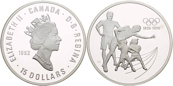Канада 15 долларов 1992 XXVI Олимпийские игры в Атланте, 100 лет Олимпийскому движению (1896-1996) KM 215 серебро PROOF 1081-8-61