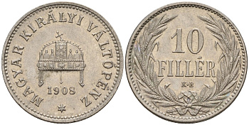 Венгрия 10 филлеров 1908 KB, Франц Иосиф I (1848-1916) KM 482 никель 4151-1113