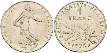 Франция 1 франк 1976 сеятель, тип Semeuse KM 925, Le Franc 226.21 никель 4592-1122