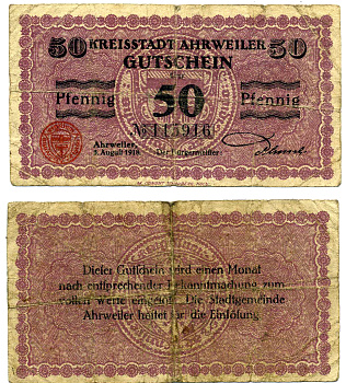 АРВАЙЛЕР 50 ПФЕННИГОВ 1918 3 АВГУСТА 1918, НОТГЕЛЬД, ЗЕМЛЯ РЕЙЛЯНД-ПФАЛЬЦ Grabowski А3.1b бумага 2193-12-3-2