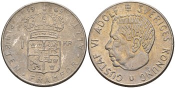 Швеция 1 крона 1969 U, Густав VI Адольф (1950-1973) KM 826a медь плакированный медно-никелем 4150-247