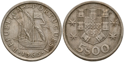 Португалия 5 эскудо 1964 KM 591 медно-никель 4187-1114