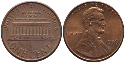США 1 ЦЕНТ 1996 ЛИНКОЛЬН KM 201b цинк плакированный медью 66-1112