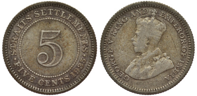 Стрейтс-Сетлментс 5 центов 1935 Георг V (1910-1936) КМ 36 серебро 53-555