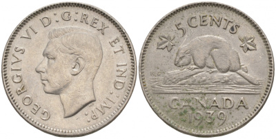 Канада 5 центов 1939 Георг VI (1937-1952), бобр KM 33 никель 73-1126