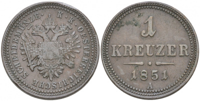 Австрия 1 крейцер 1851 A, Франц Иосиф I (1848-1916) KM 2185 медь 68-517
