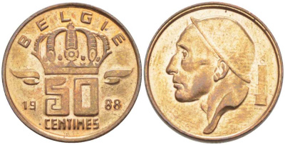 БЕЛЬГИЯ 50 САНТИМОВ 1988 BELGIE, БОДУЭН I (1951-1993) KM 149.1 бронза 206-157