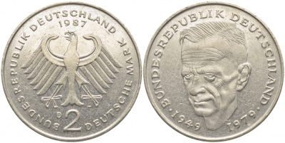 ФРГ 2 МАРКИ 1987 D, КУРТ ШУМАХЕР KM 149, J. 424 медно-никель плакированный никелем 3856-355
