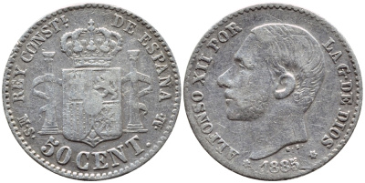 ИСПАНИЯ 50 СЕНТИМО 1885 (86) MS-M, АЛЬФОНСО XII KM 685 серебро 443-525