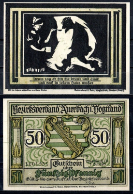 Ауэрбах-им-Фогтланд (Саксония) 50 пфеннигов 1921 Mehl Grabowski 53.2-3/6 бумага UNC (пресс) 7556-40-4-2