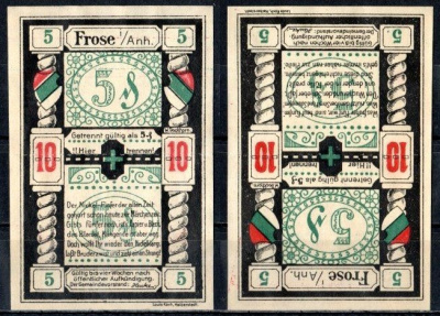 Фрозе (Анхальт) 10 пфеннигов (5+5) 1921 Mehl Grabowski 398.1 бумага UNC (пресс) 7555-19-2-1