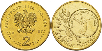 Польша 2 злотых 2007 MW, серия история польского злотого, Ника KM 592 нордик UNC 4676-435