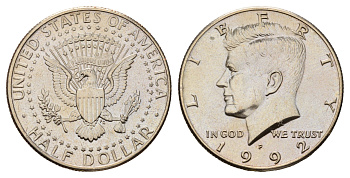 США 1/2 доллара (50 центов) 1992 P, Джон Кеннеди KM A202b медь плакированная медно-никелем UNC 4672-711