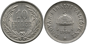 Венгрия 10 филлеров 1908 KB, Франц Иосиф I (1848-1916) KM 482 никель 4532-127