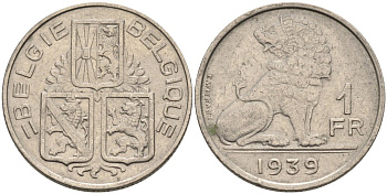 Бельгия 1 франк 1939 Belgie-Belgique, ЛЕОПОЛЬД III (1934-1950) KM 117.1 никель 4573-722
