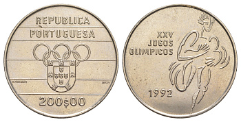 Португалия 200 эскудо 1992 XXV летние Олимпийские Игры, Барселона 1992 KM 662 медно-никель UNC 1101-5-62