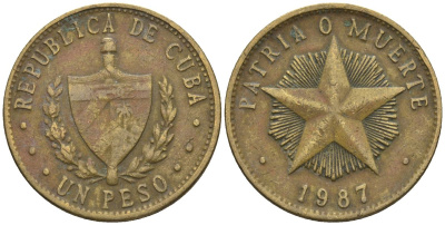Куба 1 песо 1987 KM 105, Schoen A34 латунь 4114-1214