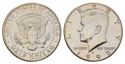 США 1/2 доллара (50 центов) 1992 P, Джон Кеннеди KM A202b медь плакированная медно-никелем UNC 4672-711