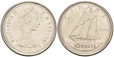Канада 10 центов 1983 Елизавета II (1953- ), парусник KM 77.2 никель    4147-362