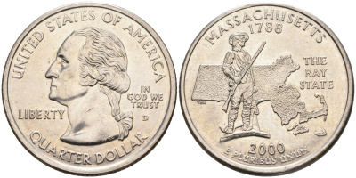 США 25 центов = квотер 2000 D, серия штаты США, Массачусетс KM 305 медь плакированная медно-никелем 4586-125