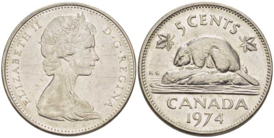 Канада 5 центов 1974 бобр, Елизавета II (1952-) KM 60.1 никель 86-653