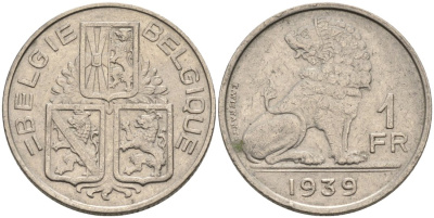 Бельгия 1 франк 1939 Belgie-Belgique, ЛЕОПОЛЬД III (1934-1950) KM 117.1 никель 4573-722