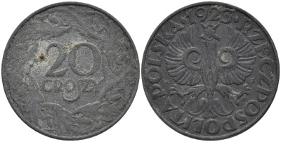 ПОЛЬША 20 ГРОШЕЙ 1923 w, ГЕРМАНСКАЯ ОККУПАЦИЯ, ВТОРАЯ МИРОВАЯ ВОЙНА KM 37 цинк 80-918