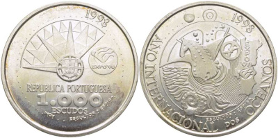 Португалия 1000 эскудо 1998 международный год океанов, EXPO 98 KM 707 серебро 3896-1244