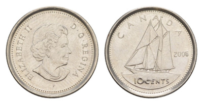 Канада 10 центов 2006 P, Елизавета II (1952-2022), парусник KM 492 сталь плакированная никелем UNC 4630-858