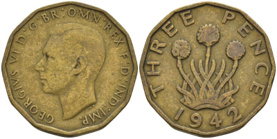 Великобритания 3 пенса 1942 Георг VI (1936-1952) KM 849, Spink 4112 никель латунь 4146-325