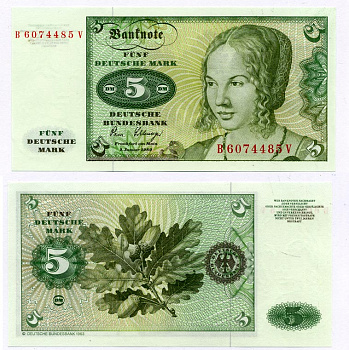 ФРГ 5 марок 1980 2 января 1980, Портрет Венецианки, работы Дюрера Pick 30b, Розенберг 285 а  бумага UNC (пресс) 450-19-2