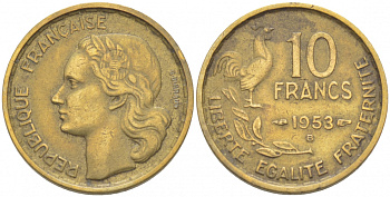 Франция 10 франков 1953 B, петух KM 915.2, Le Franc 363.9 алюминиевая бронза 3309-1124