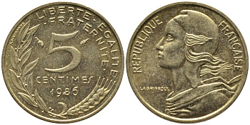 ФРАНЦИЯ 5 САНТИМОВ 1986 ТИП MARIANNE KM 933 медь алюминий никель 99-1119