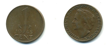 Нидерланды 1 цент 1948 Вильгельмина (1890-1948), год тип KM 175 бронза 54-154