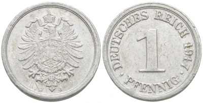Германия 1 пфенниг 1917 J KM 24, J. 300, Weege 2 алюминий 112-1227