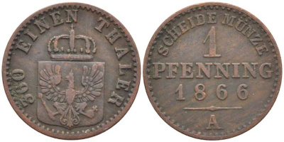 ПРУССИЯ 1 ПФЕННИГ 1866 А, ВИЛЬГЕЛЬМ I (1861-1888) KM 480 медь 201-545