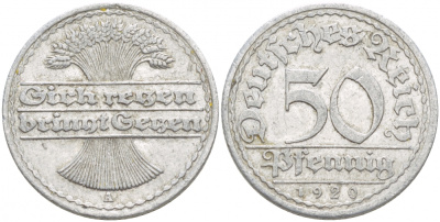 ГЕРМАНИЯ 50 ПФЕННИГОВ 1920 A KM 27, J. 301 алюминий 4539-741