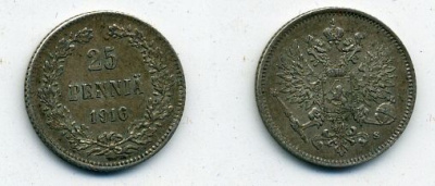 Россия для Финляндии 25 пенни 1916 S, Николай II (1894-1917) KM 6.2, Биткин 421 серебро 46-1412