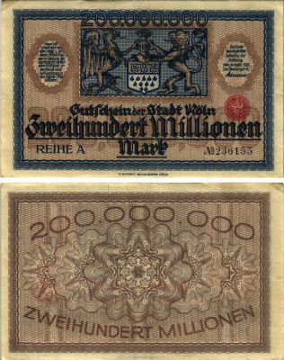 КЁЛЬН 200000000 МАРОК 1923 14 СЕНТЯБРЯ 1923, REIHE A, НОТГЕЛЬД Keller 2684z бумага 8564-22-1-1