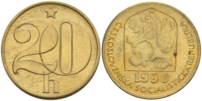 Чехословакия 20 геллеров 1990 KM 74 латунь 4152-848