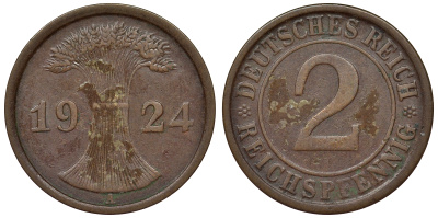 Германия 2 рейхспфеннига 1924 A KM 38, J. 314, Weege 4 бронза 4121-552