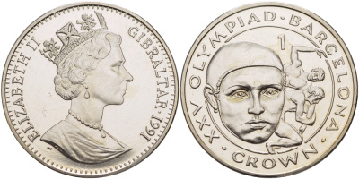 Гибралтар 1 крона 1991 XXV Олимпийские игры 1992 года в Барселоне, борьба KM 70 медно-никель UNC 1084-8-34