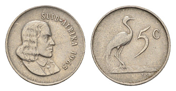 ЮАР 5 центов 1965 Ян ван Рибек (1619-1677), Suid Africa, легенда на африкаанс, райский журавль KM 67.2 никель 4702-452